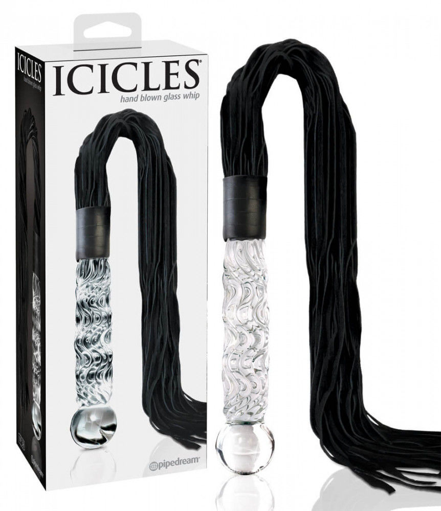 ICICLES NO. 38 - BŐR KORBÁCSOS, HULLÁMOS ÜVEG DILDÓ (ÁTTETSZŐ-FEKETE)